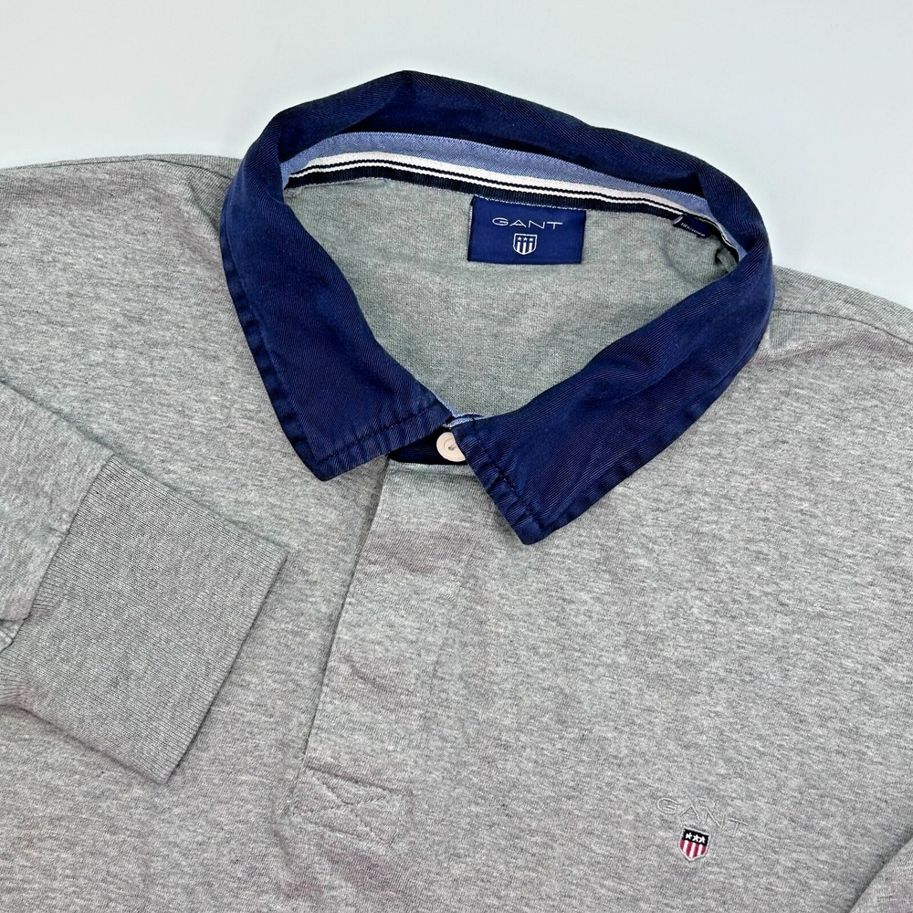 VTG 90's GANT Rugby Polo Men`s 3XL Shirt Long Sleeve Solid Gray Navy Blue Collar